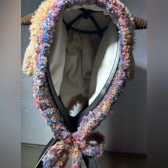 Cozy Light Brown and Blue Horned Sheep Themed Knit Hat and the Ears Squeek - Picture 7 of 11